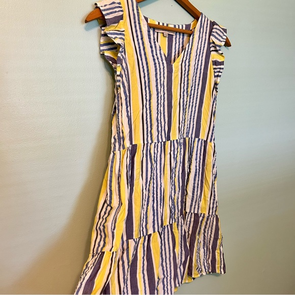 LOFT Striped Flutter Dress Blue Yellow Size SP - Picture 7 of 9